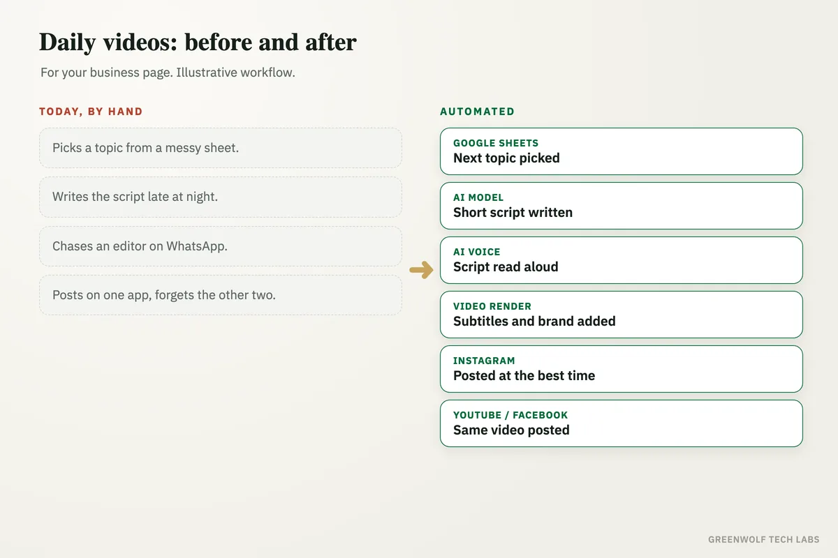 Before and after: a business page that goes quiet for weeks, then a topic from the content plan turned into a scripted, voiced, subtitled video and posted to Instagram, YouTube and Facebook automatically.
