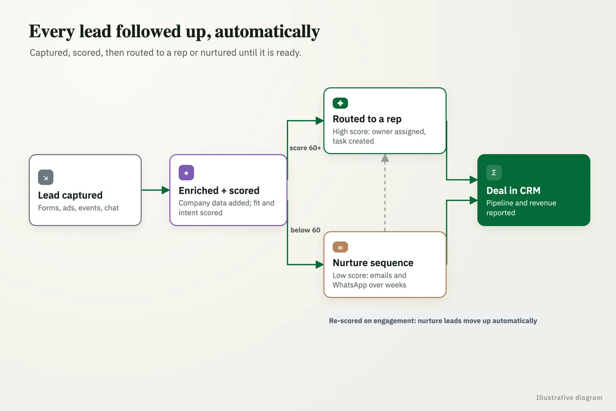 Lead lifecycle: leads captured, enriched and scored, then routed to a rep or nurtured, ending as a deal in the CRM